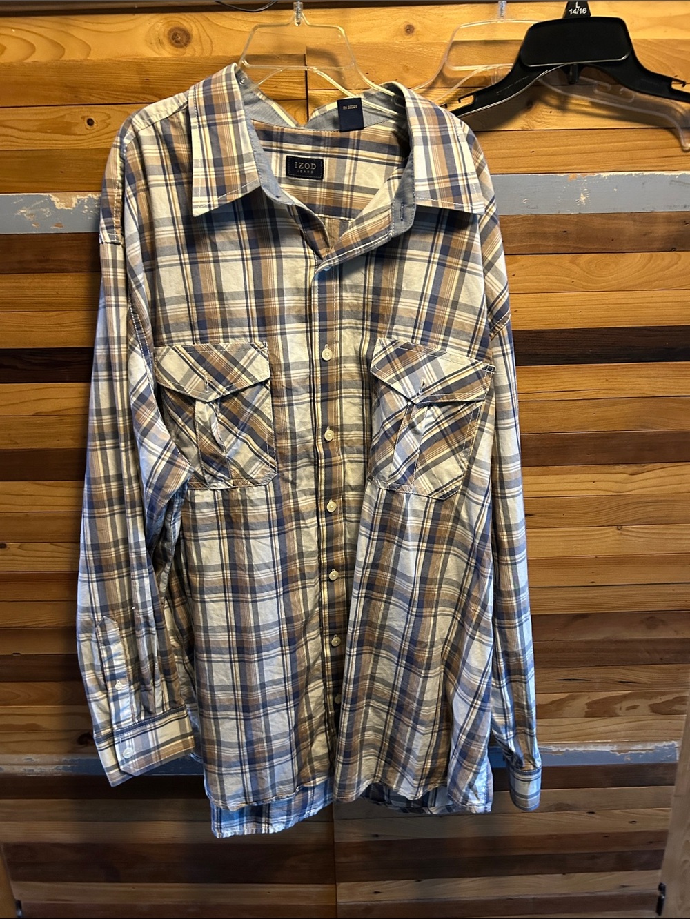 Izod Men's Blue and Brown Plaid Button-Down Shirt